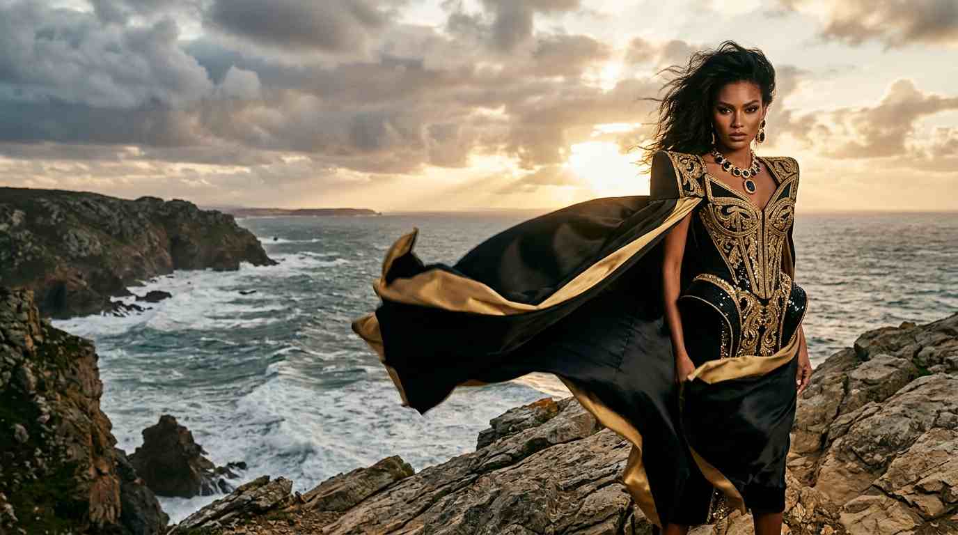 AI-generated fashion model in an editorial studio setting with dramatic lighting