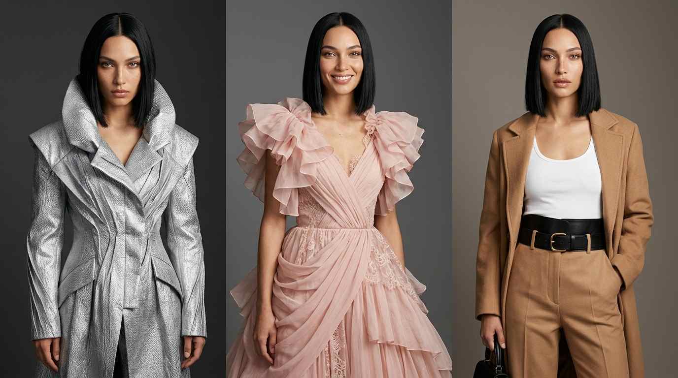 Consistent AI-generated model appearing across multiple outfit variations in a lookbook layout