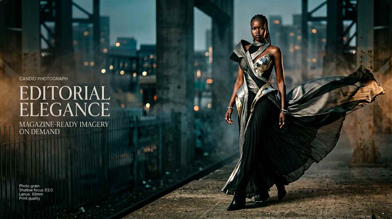 AI-generated editorial fashion spread with cinematic outdoor lighting and high-fashion styling