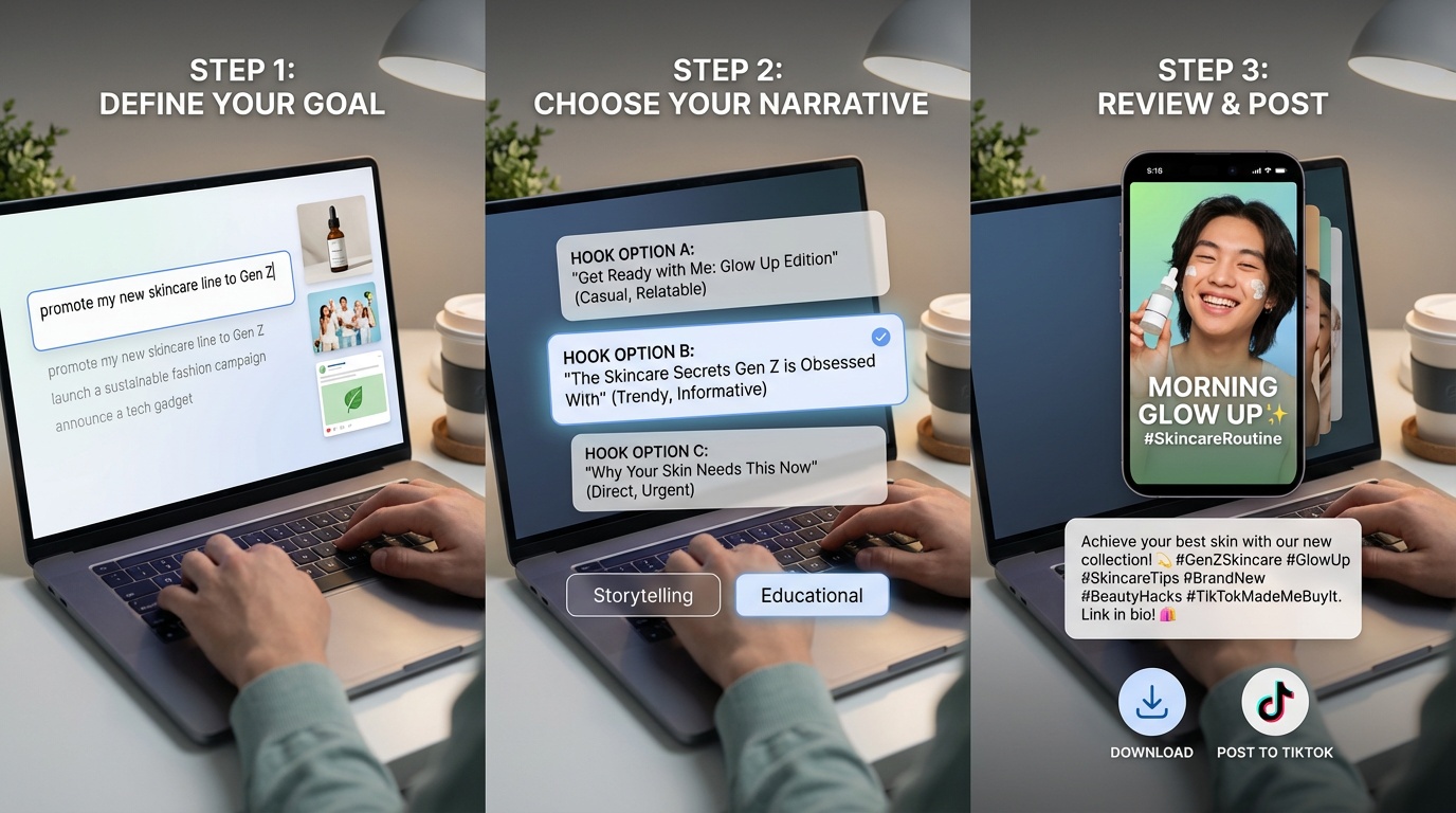TikTok Slideshow Creator interface showing AI-generated carousel slides